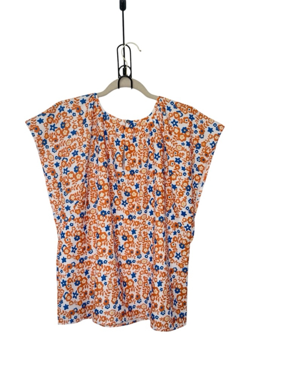 Melloday XL Orange Blue Floral Ditsy Floral Flutter Sleeves 70s Inspired Blouse - Picture 2 of 7
